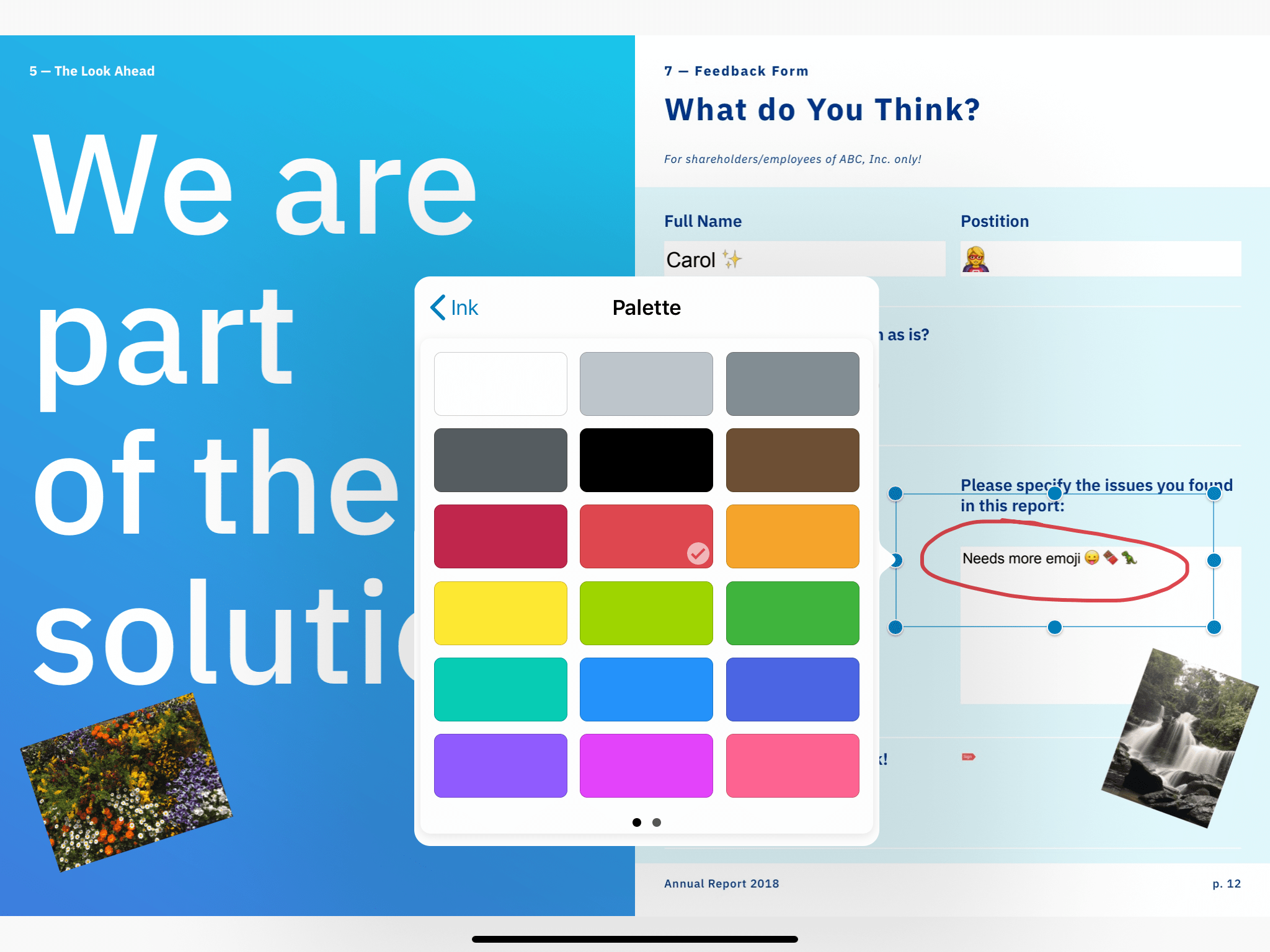 Screenshot of PDF Viewer showing the new color palette in the middle, with rotated images and emojis to the side.