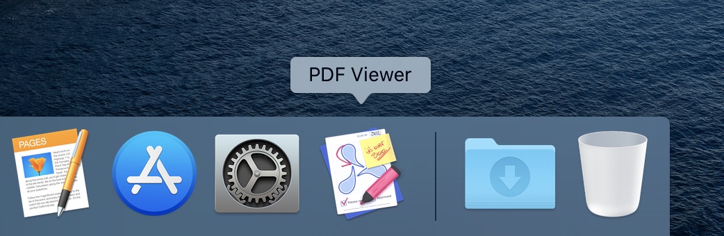 Screenshot of the Mac Dock showing the new icon. The icon displays a document with the PSPDFKit blue propeller and a sticky note and highlighter pen on top.