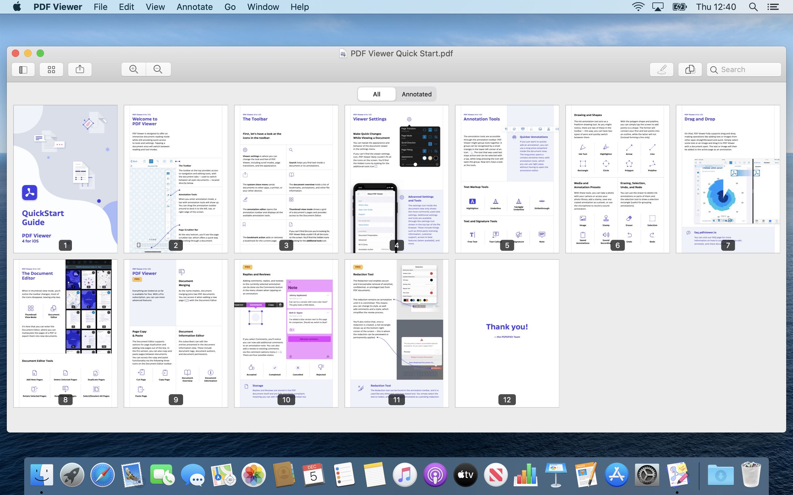 Screenshot of PDF Viewer for Mac showing a grid of thumbnails with seven thumbnails across the screen.