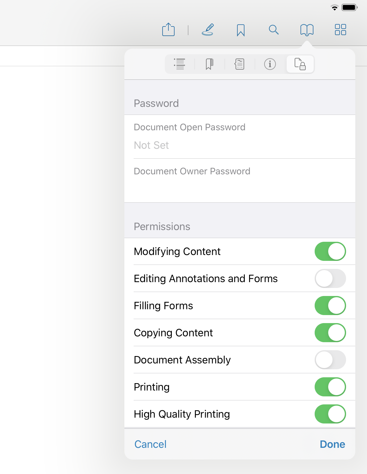 Screenshot of document permissions options