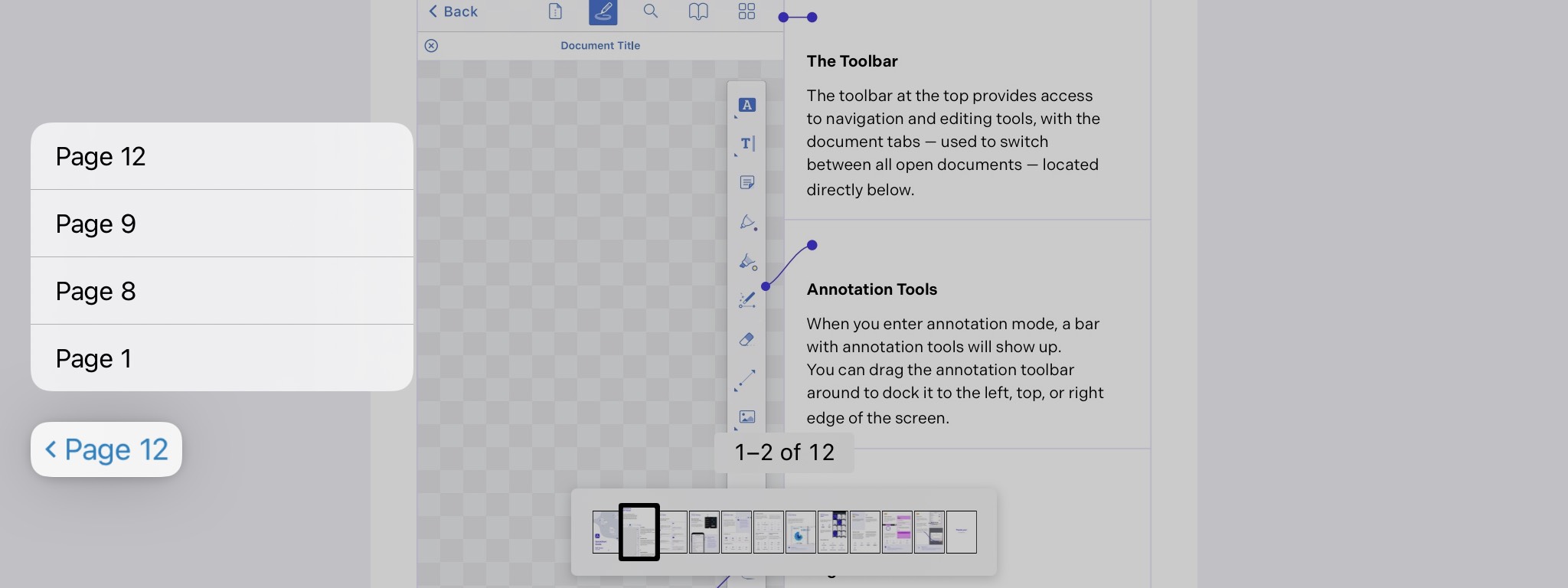 Screenshot of PDF Viewer on iPad showing a menu above a back button. The menu items are Page 12, Page 9, Page 8, Page 1. The button is labeled Page 12.